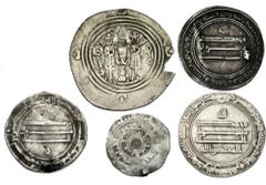 Large Lots ISLAMIC. MISCELLANEOUS. Lot of five (5) Islamic AR issues. All coins: ARAB-SASANIAN, Salm b. Ziyad, AR Drachm, MRW (Marw) mint, dated AH 64 // ABBASID, temp. Al-Rashid, AR Dirham, Al-Muhamm
