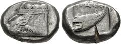 Greek LYCIA, Phaselis. Circa 500-440 BC. AR Stater (21.5mm, 11.00 g, 12h). Prow of galley left in the form of a forepart of a boar / Stern of galley right within incuse square. Heipp-Tamer Series 4, E