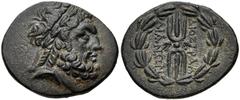LYDIA, Tralleis. 2nd-1st centuries BC. Æ (21mm, 5.36 g, 6h). Laureate head of Zeus right / Winged thunderbolt within wreath. SNG Kayhan 1010; SNG von Aulock -. Near EF, dark green patina.