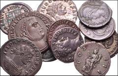 ROMAN. Imperial. Lot of eleven (11) AR and Æ denominations from Domitian to Constantine II. Includes: Domitian. AR Denarius // Hadrian. AR Denarius // Aurelian. Antoninianus (2) // Maximinus II. Æ Fol