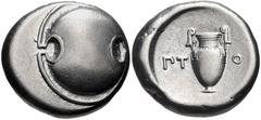 BOEOTIA, Thebes. Circa 395-338 BC. AR Stater (22mm, 11.91 g). Ptoi-, magistrate. Struck circa 379-368 BC. Boeotian shield / Amphora; ΠT-O[I] across central field; all within incuse concave circle. Hep