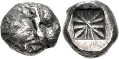 Greek LYCIA, Uncertain. Circa 520-470/60 BC. AR Stater (17mm, 9.26 g). Head of lion right / Incuse square with lines radiating from center. Müseler I, 1–2; Falghera Appendix Type D; SNG Copenhagen Sup