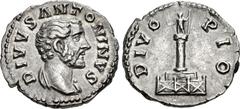 Roman Imperial Divus Antoninus Pius. Died AD 161. AR Denarius (18mm, 3.41 g, 6h). Rome mint. Struck under Marcus Aurelius and Lucius Verus, AD 162. Bareheaded bust right, slight drapery / DIVO PIO, co