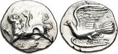 Greek SIKYONIA, Sikyon. Circa 330/20-280 BC. AR Triobol – Hemidrachm (15mm, 2.86 g, 4h). Chimaera standing left, raising forepaw; ΣI below / Dove flying left; pellet above tail. BCD Peloponnesos 292; 