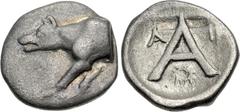 Greek ARGOLIS, Argos. Circa 420/10-370 BC. AR Triobol – Hemidrachm (15.5mm, 2.49 g, 5h). Forepart of wolf right / Large A; two small incuse squares above, A-I flanking, wreath below crossbar; all in s