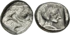 Greek CARIA, Knidos. Circa 500 BC. AR Triobol – Hemidrachm (13.5mm, 3.04 g, 12h). Head of roaring lion right / Head of Aphrodite right, wearing cap, within incuse square. Cahn Series I, 19 var. (unlis