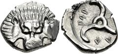 Greek DYNASTS of LYCIA. Perikles. Circa 380-360 BC. AR Third Stater (16.5mm, 2.73 g). Limyra mint(?). Lion scalp facing / Triskeles within incuse circle. Müseler VIII, 47–51; Falghera 217; SNG Copenha