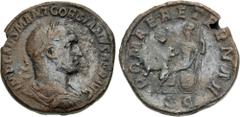 Roman Imperial Gordian II. AD 238. Æ Sestertius (28.5mm, 18.87 g, 12h). Rome mint. Struck 1-22 April. Laureate, draped, and cuirassed bust right / Roma seated left on throne, holding Victory and scept