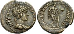 LYDIA, Sala. Antinoüs. Died AD 130. Æ (23mm, 5.99 g, 7h). G. Valerius Andrus, magistrate. Bareheaded and draped bust right / Dionysus standing right, leaning on column, holding grape bunch and canthar