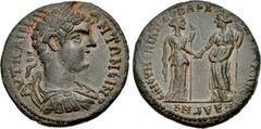 LYDIA, Sala. Caracalla. AD 198-217. Æ (35mm, 21.36 g, 6h). Homonoia with Bagis . Laureate, draped, and cuirassed bust right / Tychai of Sala and Bagis standing facing one another, each holding scepter