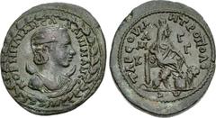 CILICIA, Tarsus. Salonina. Augusta, AD 254-268. Æ (28mm, 14.66 g, 12h). Draped bust right, wearing stephane, set on crescent; all within wreath / Cybele seated right, lions to either side of throne. S