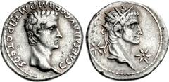 Gaius (Caligula), with Divus Augustus. AD 37-41. AR Denarius (18mm, 3.59 g, 2h). Lugdunum (Lyon) mint. Struck AD 37. Bare head of Gaius (Caligula) right / Radiate head of Divus Augustus right, flanked