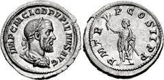 Pupienus. AD 238. AR Denarius (20mm, 2.99 g, 12h). Rome mint. 1st emission. Laureate, draped, and cuirassed bust right / Pupienus standing left, holding olive branch and parazonium. RIC IV 5; BMCRE 50