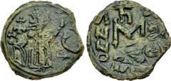 Heraclius, with Heraclius Constantine. 610-641. Æ Follis (23mm, 5.32 g, 6h). Sicilian mint, most likely Catania. Overstruck 630-638. Countermark: SCL[s] below exergual line / Countermark: Crowned bust