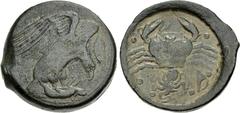 Greek SICILY, Akragas. Circa 415-406 BC. Æ Hemilitron (29.5mm, 22.40 g, 1h). Eagle, wings spread, standing right on, and tearing at, dead hare / Crab holding a serpent in its claw; six pellets (mark o
