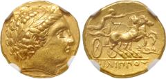 Greek KINGS of MACEDON. temp. Philip II – Alexander III. Circa 340/36-328 BC. AV Stater (17mm, 8.62 g, 9h). In the name and types of Philip II. Pella mint. Laureate head of Apollo right / Charioteer, 