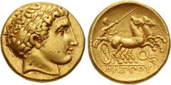 Greek KINGS of MACEDON. temp. Alexander III – Kassander. Circa 325-310 BC. AV Stater (18mm, 8.48 g, 1h). In the name and types of Philip II. Uncertain mint (Pella?). Laureate head of Apollo right / Ch