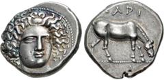 Greek THESSALY, Larissa. Circa 400-370 BC. AR Drachm (19mm, 5.96 g, 9h). Head of the nymph Larissa facing slightly right, with hair in ampyx / Horse grazing right. L-S Group 4, Head type 19, dies O78/