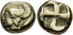 Greek MYSIA, Kyzikos. Circa 550-450 BC. EL Hekte – Sixth Stater (10mm, 2.67 g). Head of Perseus left, wearing winged helmet; to right, tunny diagonally downward left / Quadripartite incuse square. Von
