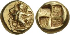 Greek MYSIA, Kyzikos. Circa 450-330 BC. EL Hemihekte – Twelfth Stater (8mm, 1.30 g). Helios, radiate and nude, crouching right, arms spread, holding the reins of two horse foreparts facing left and ri