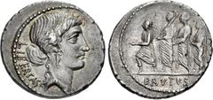 Roman Republican Q. Servilius Caepio (M. Junius) Brutus. 54 BC. AR Denarius (19mm, 3.86 g, 6h). Rome mint. Head of Libertas right, no jewels in hair / The consul L. Junius Brutus walking left between 