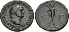Roman Imperial Vitellius. AD 69. Æ Sestertius (35mm, 26.33 g, 6h). Rome mint. Struck circa late April-20 December. Laureate and draped bust right / Mars, helmeted, naked except for cloak floating roun
