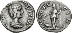 Roman Imperial Manlia Scantilla. Augusta, AD 193. AR Denarius (18mm, 3.02 g, 12h). Rome mint. Struck under Didius Julianus. Draped bust right / Juno standing left, holding patera and scepter; at feet,