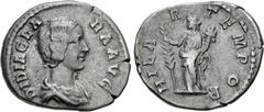 Roman Imperial Didia Clara. Augusta, AD 193. AR Denarius (18.5mm, 3.09 g, 6h). Rome mint. Struck under Didius Julianus. Draped bust right / Hilaritas standing left, holding long palm frond and cornuco