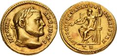 Roman Imperial Galerius. As Caesar, AD 293-305. AV Aureus (17mm, 5.24 g, 6h). Treveri (Trier) mint. Struck 20 November AD 303. MAXIMI ANVS NOB C, laureate head right / IOVI CONSERVAT AVGG ET CAESS NN,