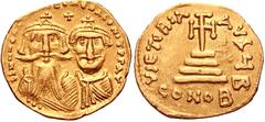 Heraclius, with Heraclius Constantine. 610-641. AV Solidus (20mm, 4.27 g, 7h). Constantinople mint, 2nd officina. Struck 629-631. Crowned facing busts of Heraclius and Heraclius Constantine; cross abo