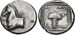 Greek THRACE, Maroneia. Circa 377-365 BC. AR Triobol (15mm, 2.84 g, 5h). Pl–, magistrate. Forepart of horse left / Grape bunch on vine; rhyton to lower left; all in dotted linear square within incuse 