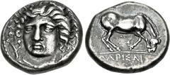 Greek THESSALY, Larissa. Circa 400-370 BC. AR Drachm (17.5mm, 6.06 g, 7h). Reverse die signed by Ai–. Head of the nymph Larissa facing slightly left; dolphin to left and right / Horse standing right, 