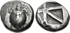 Greek ISLANDS off ATTICA, Aegina. Circa 480-457 BC. AR Stater (20.5mm, 12.30 g, 2h). Sea turtle, head in profile, with 'T-back' design on shell; c/m: sphinx(?) seated facing within incuse square / Lar