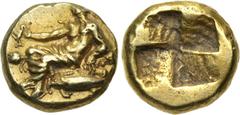 Greek MYSIA, Kyzikos. Circa 450-330 BC. EL Myshemihekte – Twenty-fourth Stater (7mm, 0.66 g). Young Dionysos, holding kantharos in extended right hand, reclining left on panther skin draped over rock;