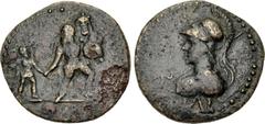 Roman Provincial TROAS, Ilium. temp. Flavian era. AD 79-96. Æ Semis (20.5mm, 3.88 g, 12h). Aeneas advancing right, head left, leading Ascanius by the hand, and holding Anchises on his hip / Helmeted b