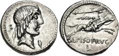Roman Republican L. Calpurnius Piso Frugi. 90 BC. AR Denarius (17.5mm, 3.91 g, 4h). Rome mint. Laureate head of Apollo right; two vertical pellets behind head, leaf below chin / Horseman, holding palm
