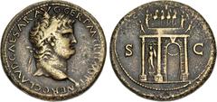 Roman Imperial Nero. AD 54-68. Æ Sestertius (34mm, 25.19 g, 6h). Lugdunum (Lyon) mint. Struck circa AD 65. Laureate head right, globe at point of neck / Triumphal arch surmounted by statue of emperor 