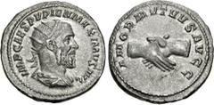 Roman Imperial Pupienus. AD 238. AR Antoninianus (21.5mm, 5.03 g, 12h). Rome mint. 2nd emission. Radiate, draped, and cuirassed bust right / Clasped right hands. RIC IV 9b; BMCRE 82-6; RSC 2. Lightly 