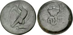 The John Morcom Collection of Western Greek Bronze Coins SICILY, Akragas. Circa 415-406 BC. Æ Hemilitron – Hexonkion (28mm, 17.63 g, 3h). Eagle standing right, head raised, wings spread, on hare / Cra