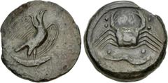 The John Morcom Collection of Western Greek Bronze Coins SICILY, Akragas. Circa 415-406 BC. Æ Hemilitron – Hexonkion (28mm, 14.37 g, 1h). Eagle standing right, head raised, wings spread, on fish / Cra