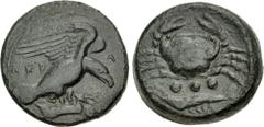 The John Morcom Collection of Western Greek Bronze Coins SICILY, Akragas. Circa 415-406 BC. Æ Tetras – Trionkion (21mm, 8.65 g, 3h). Eagle, wings spread, standing right on, and tearing at, dead hare /