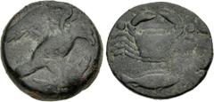 The John Morcom Collection of Western Greek Bronze Coins SICILY, Akragas. Circa 415-406 BC. Æ Hexas (18mm, 5.15 g, 3h). Eagle, wings spread, standing right on, and tearing at, fish / Crab; below, two 
