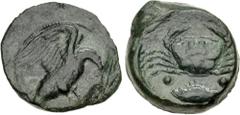 The John Morcom Collection of Western Greek Bronze Coins SICILY, Akragas. Circa 415-406 BC. Æ Hexas (19mm, 7.03 g, 9h). Eagle, wings spread, standing right on, and tearing at, fish / Crab; below, two 