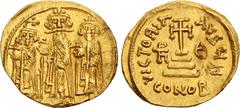 Byzantine Heraclius, with Heraclius Constantine and Heraclonas. 610-641. AV Solidus (20mm, 4.46 g, 6h). Constantinople mint, 8th officina. Dated IY 9 (635/6). Heraclonas, Heraclius, and Heraclius Cons