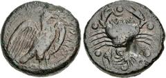 The John Morcom Collection of Western Greek Bronze Coins SICILY, Akragas. Circa 415-406 BC. Æ Hemilitron – Hexonkion (27mm, 23.96 g, 6h). Eagle standing right, head raised, wings spread, on fish / Cra