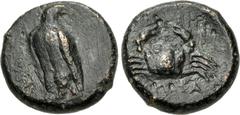 The John Morcom Collection of Western Greek Bronze Coins SICILY, Akragas. Circa 338-317/287 BC. Æ Onkia (13mm, 2.26 g, 1h). Eagle standing left, head right / Crab. CNS 113; HGC 2, 152; SNG Morcom –. D