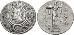 Greek KINGS of MACEDON. temp. Antigonos II Gonatas – Demetrios II Aitolikos. 246/5-229 BC. AR Tetradrachm (31mm, 17.04 g, 12h). In the types of Antigonos II Gonatas. Amphipolis or Pella mint. Horned h