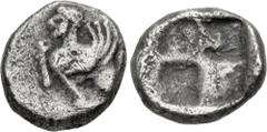 Greek ASIA MINOR, Uncertain. Late 6th-early 5th centuries BC. AR Triobol(?) (11.5mm, 2.14 g). Sphinx seated left, raising forepaw / Quadripartite incuse square. Unpublished in the standard references.