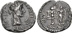 Roman Republican The Republicans. Brutus. Early summer 42 BC. AR Denarius (18mm, 2.65 g, 12h). Military mint traveling with Brutus in Lycia. Draped bust of Apollo right; lyre to right / Trophy compose