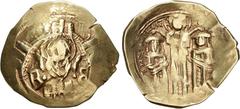 Byzantine Andronicus II Palaeologus, with Michael IX. 1282-1328. AV Hyperpyron (25.5mm, 4.21 g, 6h). Class IIb. Constantinople mint. Struck 1303-1320. Half-length facing figure of the Theotokos, orans